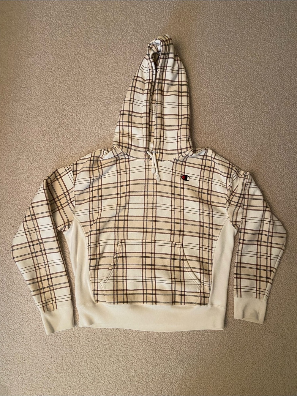 Champion - Plaid Cream & Brown Hooded Sweatshirt - Hoodie - Unisex Adult Large